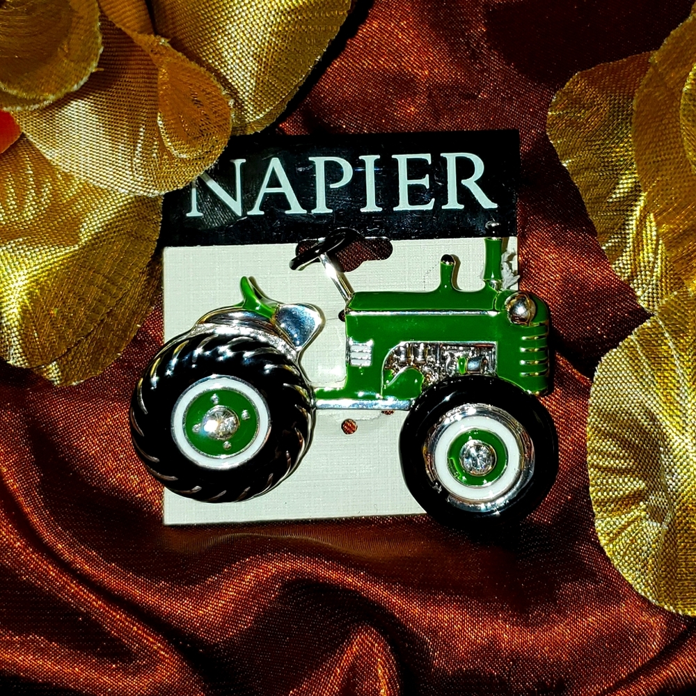 Napier Tractor Brooch wheel turns rhinestone green